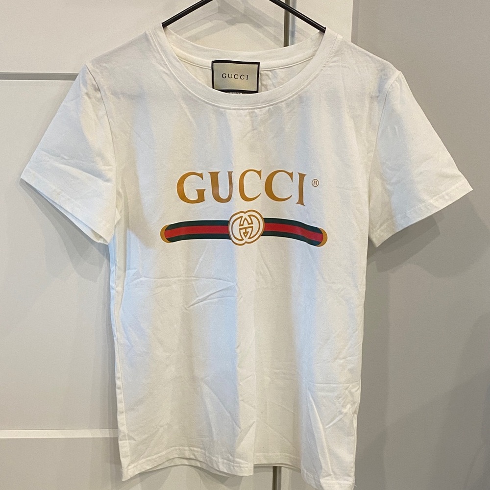Gucci White Tee with Multicolor Logo